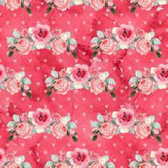 a red background with pink roses and hearts