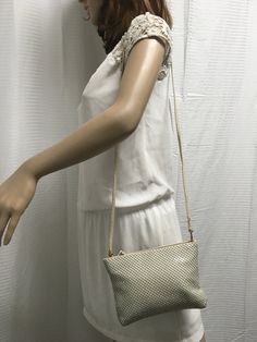 "Metal mesh, purse, tan, shoulder bag, clutch Lined interior with zipper side pocket Please see measurements: 9\" X 8\" 1\" 21\" drop good condition a few light marks on inside. no damage to metal mesh Please remember when buying vintage purses there are normally minor imperfections unless these are very noticeable or detract from the style or attractiveness of the item they are not normally mentioned. LOOKING FOR PERFECTION - VINTAGE IS NOT FOR YOU! (Excellent Condition) MINT - As close to \"ne Tan Shoulder Bag, Vintage Purses, Metal Mesh, Evening Bags, Mesh, Im Not Perfect, Shoulder Bag