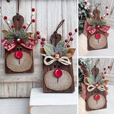 the reindeer head is made out of wood and decorated with red berries