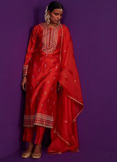 Regal Red Straight Kurta Set With Zari Embroidery Pink City by Sarika - Fabilicious Fashion Festive Tissue Silk Palazzo Set For Diwali, Red Cotton Silk Churidar With Resham Embroidery, Festive Tissue Silk Churidar With Straight Kurta, Silk Palazzo Set With Resham Embroidery For Diwali, Festive Embroidered Slub Silk Palazzo Set, Festive Embroidered Cotton Silk Palazzo Set, Festive Embroidered Tissue Silk Palazzo Set, Festive Silk Palazzo Set With Resham Embroidery, Red Cotton Silk Churidar For Wedding