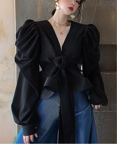 Long sleeve bubble sleeve ruffled blouse 97% polyester 3%spandex Jacket Blouse, Ruffled Blouse, Bubble Sleeve, Black Tulle, Elegant Blouses, Peplum Blouse, Babydoll Top, Blouse Styles, Black Jacket