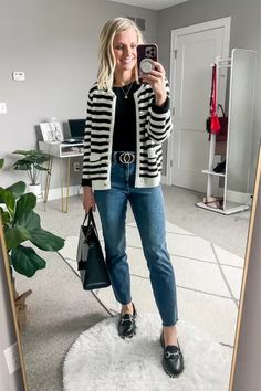 Striped lady cardigan Stripy Cardigan Outfit, Lady Cardigan Outfit, Striped Cardigan Outfit Work, Strip Cardigan Outfit, Striped Lady Jacket Outfit, Stripes Cardigan Outfit, Black And White Striped Cardigan Outfit, Cardigan Outfit Plus Size