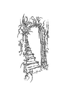 a drawing of stairs leading up to an open door with vines and flowers on it