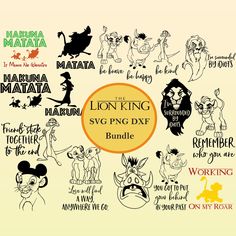 the lion king svg dxf bundle is shown in black and white, with various