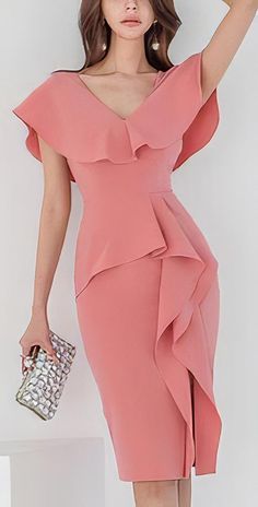 Pink Tight Midi Dress With Ruffles (Elegant) Pink Ruffled Bodycon Midi Dress, Pink Bodycon Midi Dress With Ruffles, Bodycon Ruffled Midi Dress For Date Night, Ruffled Bodycon Midi Mini Dress, Bodycon Midi Dress With Ruffles For Date Night, Pink Bodycon Midi Dress Knee-length, Bodycon Midi-length Dress With Ruffles, Pink Knee-length Bodycon Cocktail Dress, Pink Knee-length Bodycon Dress