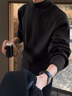 Men's Solid Color Basic Sweater Black Casual  Long Sleeve Knitwear Plain Pullovers Slight Stretch  Men Clothing, size features are:Bust: ,Length: ,Sleeve Length: All Black Casual Outfit Men, All Black Mens Outfits Casual, Black Outfits Men, Gentleman Aesthetic, Classy Outfits Men, Men Stylish Dress, Guys Clothing Styles, Basic Sweaters, Elegante Casual