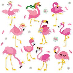 pink flamingos with hats and flowers on white background