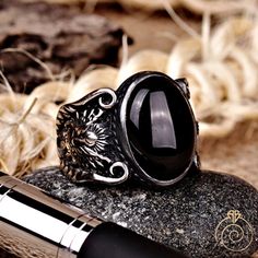 Men's onyx gemstone signet ring which will give you a head turning presence. This mystic, vintage style, engraved ring has a unique design for the polished, refined, and distinguished man. Perfect for casual and formal events, it will make your friends envious as you walk into the room full of confidence and pride. Looking for a unique, one of a kind GIFT FOR HIM, groomsman gift, father's day gift, teacher day gift? Look no further. This cool gemstone ring is the right answer and best gift for a Symbolic Black Stainless Steel Rings, Symbolic Black Gemstone Jewelry, Adjustable Black Symbolic Signet Ring, Symbolic Black Oval Jewelry, Black Symbolic Adjustable Rings, Black Spiritual Engraved Ring For Anniversary, Adjustable Black Symbolic Rings, Symbolic Black Skull Ring, Rings Black Stone