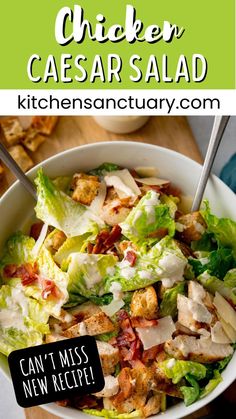 chicken caesar salad with lettuce and bacon in it