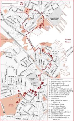 a map showing the locations of several different buildings and streets in red, white and black