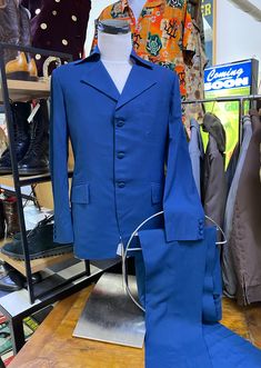 "Vintage 60,s Mod \" Beau Brummell \" Suit  With a fab 60,s collar and Hip length jacket! Nice satin lining ,tailored by Smart Tailors . Shoulder to shoulder 94cm, waist 91cm Inside leg 81.5cm ,..shoulder to sleeve 63cm...chest 102cm ,jacket length 76cm Swinging sixties London !" Fitted Suit With Button Closure And Lapel Collar, Fitted Suits With Lapel Collar For Fall, Fitted Fall Suits With Lapel Collar, Fitted Flat Front Suit For Fall, Vintage Single Breasted Fitted Suit, Vintage Fitted Single Breasted Suit, Vintage Fitted Blue Suits, Fitted Vintage Single Breasted Suit, Fitted Vintage Blue Suits