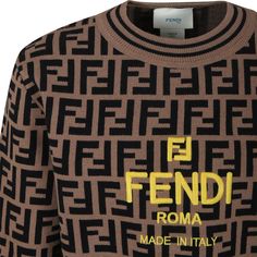 Color: Brown Brown sweater with long sleeves, ribbed crew neck, cuffs and hem. It is embellished with all-over iconic FF and embroidered yellow logo. 63% Viscose, 33% Polyester. Wash at 30°C. Fendi Kids, Fendi Logo, Kenzo Kids, Prada Leather, Steve Mcqueen, Logo Pattern, Kids Logo, Stella Mccartney Kids, Gorgeous Bags