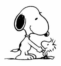 a cartoon snoopy dog playing with a small yellow bird on a white background in black and white