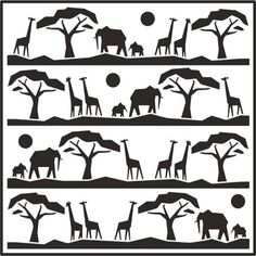 the silhouettes of giraffes and elephants are shown in black on white