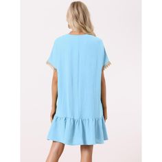 Looking for a dress that's perfect for your spring-summer outings? Look no further than this sweet V-neck Splicing Lace dress. With its short sleeves and A-line design, it's both stylish and comfortable. The dress features a v-neck and a Solid color that's sure to turn heads. It's versatile enough to wear for Daily Style, Work Office, Home Wear, Casual Wear or Party, Beach, Club, Travel, Leisure, Dating, Shopping, and more. Mix and match different accessories to create the perfect look for any occasion. Get ready to receive compliments on your impeccable style! Chiffon Dress Short, Ruffle Bodycon Dress, Flare Shirt, Ruffle Bodycon, Dress Light Blue, Chambray Shirt Dress, Midi Pencil Dress, Floral Chiffon Dress, Womens Business Casual