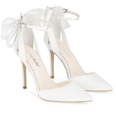 These pearl bow heels are unassuming in front but stand out in the back, where hand-sewn pearls outline the edges of these ankle strap ivory bow wedding shoes. Bow Wedding Shoes, Pearl Wedding Shoes, Bow Wedding, Ivory Wedding Shoes, Wedding Shoes Bride, Pearl Bow, Bridal Heels, Wedding Dress Shoes, Bow Heels