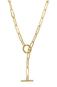 Show off contemporary style with this elegant water-resistant 14-karat gold plated paper-clip chain lariat necklace. 19" length Toggle closure This piece of jewelry is water-resistant and will not tarnish with water contact 14k-gold plate/stainless steel Imported Gold-plated Lariat Necklace With Gold Chain, Gold-tone Minimalist Lariat Necklace With Adjustable Chain, Minimalist Gold-tone Lariat Necklace With Adjustable Chain, Minimalist Gold-tone Lariat Necklace With Delicate Chain, Classic Gold Lariat Chain Necklace, Everyday Gold Chain Lariat Necklace, Everyday Gold Lariat Necklace With Chain, Formal Gold-tone Lariat Necklace With Delicate Chain, Formal Gold Chain Lariat Necklace