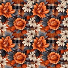 an orange and white flower pattern on a checkered background with red, gray, and white flowers