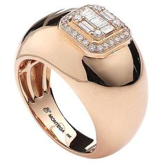 Ring in 18kt pink gold set with 9 baguette cut diamonds 0.15 cts and 28 diamonds 0.23 cts Size 53 Pink Gold Ring, Pink Gold Rings, Diamond Jewelry Earrings, Diamond Bracelet Design, Diamond Gold Ring, Trends 2025, Fashionable Accessories, Baguette Cut Diamond, Bracelet Design