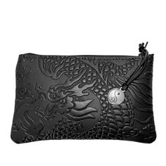 Leather 6 inch Zipper Pouch Cloud Dragon, Checkbook Covers, Red Or Black, Desk Drawer, Leather Coasters, Dragon 2, Grain Texture, Cards Business, Carrier Bag