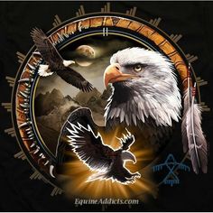 two bald eagles are facing each other in front of a clock with mountains and stars