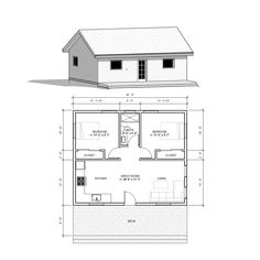 the floor plan for a small cabin with two bedroom and an attached living room area