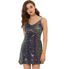 The color will change at different angles. Perfect dress for a party, which makes you noticeable enough. This sequin dress is stretchy with adjustable straps. A cami dress with a spaghetti strap and its mini length offers a charming look for day or night. It is perfectly paired with high heels for a beauty and fashion look. A worth-buying party dress. This fashionable and trendy clothes for women can not only be worn daily, but can also be easily matched as a Christmas costumes to create a uniqu Sleeveless Slip Dress For Prom Season Party, Holiday Party Sequin Dress With Spaghetti Straps, Stretch Backless Slip Dress For Party, Party Sequin Dress With Spaghetti Straps, Glamorous Slip Dress For Prom And Party Season, Backless Slip Dress For Prom Party, Sequin Dress With Spaghetti Straps For Party Season, Flirty Sequin Dress With Spaghetti Straps For Summer, Flirty Sequin Spaghetti Straps Dress For Summer