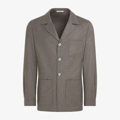 An elevated casual layer that adds functionality and easygoing depth to any look, this soft taupe shirt-jacket is versatile enough to give just about any look a touch of instantly relaxed appeal. Luxury Long Sleeve Blazer With Hidden Buttons, Luxury Long Sleeve Blazer With Hidden Button Closure, Luxury Cotton Outerwear With Pockets, Luxury Long Sleeve Blazer With Welt Pockets, Long Sleeve Cardigan With Pockets For Business, Luxury Sport Coat With Pockets And Long Sleeves, Luxury Sport Coat With Pockets, Long Sleeve Tops With Welt Pockets For Business, Luxury Single Breasted Sport Coat With Long Sleeves