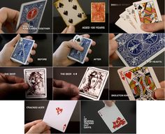 playing cards with different designs and colors are shown in this photo, including four hands holding the same card