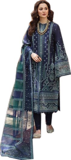 Embroidered Pakistani Dress in Lawn Salwar Kameez Style Eid Lawn Suit With Embroidered Border And Straight Kurta, Eid Lawn Suit With Embroidered Border, Lawn Suit With Embroidered Border For Eid, Blue Anarkali Unstitched Suit With Embroidered Border, Designer Blue Dresses With Embroidered Border, Blue Unstitched Cambric Suit With Intricate Embroidery, Elegant Blue Unstitched Suit With Embroidered Border, Eid Blue Unstitched Suit With Embroidered Border, Semi-stitched Dress With Embroidered Border For Eid