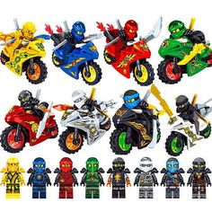 a bunch of toys that are in the shape of motorbikes and motorcycles with different colors