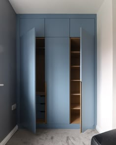 an empty room with blue cupboards and carpet