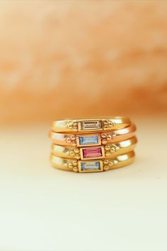 Fine Gold and Birthstone Rings, perfect Mother's Rings you'll want to wear every day. Or a modern twist on Class Rings. #mom #rings #graduation Rings Graduation, Mom Rings, Class Rings, Jewelry For Mom, Ring Stacks, Birthstone Stacking Rings, Birthstone Rings, Mom Ring, Mother Rings