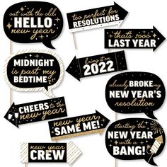 black and gold new year's eve party photo booth props - set of 12