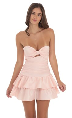 Strapless Cutout Ruffle Dress in Pink | LUCY IN THE SKY Grad Party Dresses, Sabrina Outfits, Homecoming Inspo, Hoco Dress Inspo, Dance Dress Ideas, 8th Grade Formal, Upf Clothing, Camilla Dress, Cute Formal Dresses