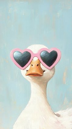 a duck with heart shaped sunglasses on it's head is standing in front of a blue background