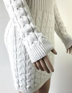 FREE SHIPPING Autumn Winter Knitted Sweater Dress White Long Sleeve Sweater Dress For Winter, Cozy Cable Knit Long Sleeve Dresses, Cozy Long Sleeve Cable Knit Dress, Cozy Long Sleeve Winter Dresses, White Long Sleeve Sweater Dress For Fall, Winter Knitted Long Sleeve Mini Dress, Winter Long Sleeve Knitted Mini Dress, Knitted Long Sleeve Mini Dress For Winter, Long Sleeve Knitted Mini Dress For Winter