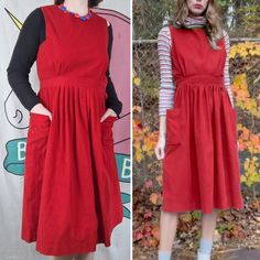 Amazing! Perfect For The Holidays And Beyond. Rare L.L. Bean Collectible Fashion! Beautiful Dress In Vibrant Red Fine Wale Corduroy. Fabric Has A Soft Velvety Feel, Good Weight Without Being Too Heavy, No Stretch. Cute Detail With Functional Buttons On One Shoulder And Up One Side. Pockets On Each Side. Pleating On Bust And Skirt For A Tailored Look. Lovely Full Skirt With Below The Knee To Mid-Calf Length, Depending On Your Height. Great For Different Seasons -- Can Be Worn Alone Or Layered With A Shirt Underneath. Excellent Condition, No Wear, Tear Nor Stains. L.L. Bean Size 12 (Vintage Sizing May Differ From Modern Sizing) Measurements Chest Across 19" Waist 15.5" Overall Length 47" P Apron Pinafore, Teacher Clothes, Different Seasons, Corduroy Fabric, Button Dress, Jumper Dress, L L Bean, Full Skirt, Beautiful Dress