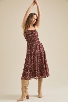 Yara Floral Midi Dress in Brown | Altar'd State Ruched Knee-length Midi Sundress, Midi Sundress With Ruched Bodice For Day Out, Spaghetti Strap Midi Dress With Gathered Waist For Daywear, Knee-length Tie Back Midi Dress For Garden Party, Knee-length Midi Dress With Tie Back For Garden Party, Midi Sundress With Ruched Bodice For Brunch, Knee-length Midi Dress With Ruched Bodice For Brunch, Brunch Midi Dress With Gathered Waist, Ruched Midi Length Sundress For Garden Party