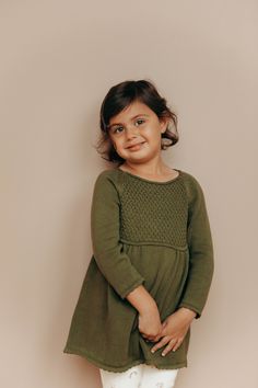 Fitted Green Dress For Playdate, Cute Long Sleeve Fitted Smocked Dress, Long Sleeve Dresses With Lace Trim For Dress-up, Long Sleeve Dresses With Lace Trim For Dress-up Occasions, Fitted Long Sleeve Dress With Scalloped Edges, Knitwear Collection, Tunics With Leggings, Organic Cotton Yarn, Childrens Dress