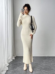 Women's Solid Color Stand Collar Long Sleeve Fitted Sweater Dress For Autumn And Winter,Women's Elegant Slim High Neck Sweater Dress, New Years Dress Apricot Elegant  Long Sleeve Knitwear Plain  Non-Stretch  Women Clothing, size features are:Bust: ,Length: ,Sleeve Length: Fitted Sweater Dress, High Neck Sweater Dress, Dress For Autumn, Crochet Sweater Dress, Sweater Dress Long, White Sweater Dress, Cashmere Sweater Dress, Bodycon Sweater Dress, Beige Pullover