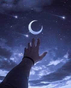 a hand reaching up into the sky at night with stars and moon in the background