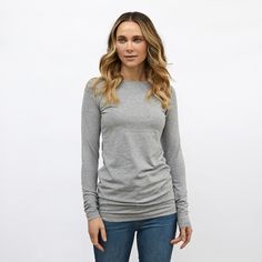 A good quality long sleeve layering tee to be worn under our knitwear, layered over another coloured tee or simply on its own.It is the perfect length for a contemporary layered look and can be ruched up to suit your figure. It has a round neck which complements our round neck cashmere pieces perfectly. 65% polyester, 27% cotton, 8% lycramachine washable at 30 degreesAlso available in black, white, khaki and navy Stretch Long Sleeve Top With Thumbholes For Everyday, Casual Long Sleeve Top For Fall Layering, Everyday Crew Neck Long Sleeve Top With Thumbholes, Casual Long Sleeve Top With Thumbholes For Fall, Everyday Solid Color Stretch Long Sleeve Top, Fine Knit Tops For Spring Layering, Fall Long Sleeve Top With Thumbholes, Basic Long Sleeve Top For Layering, Versatile Long Sleeve Top With Thumbholes For Fall