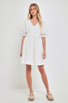 V Button Down Baby Doll Dress White Mini Dress With Button Closure And Short Sleeves, Cotton V-neck Mini Dress With Buttons, Casual White Button-up Mini Dress, Cotton V-neck Mini Dress With Button Closure, Feminine White Button-up Mini Dress, Weekend Sweater, Casual Party Dresses, Maxi Dress Sale, 70 Dress