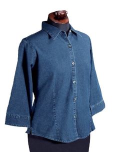 Women's SantaFe Denim Stretch 3/4 Sleeve Shirt, Color: Medium Indigo, Size: XX-Large Mountain Apparel, Mountain Clothing, Hiking Wear, Mountain Outfit, Running Wear, Everyday Clothing, Dress Shirts For Women, Button Down Dress