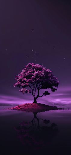 a lone tree in the middle of a lake at night with purple hues and stars