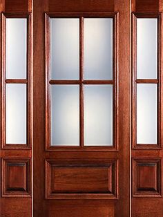 a wooden door with glass panels on the front and side doors, all in dark wood