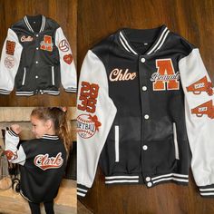 Customized Kids Letterman Jacket, Personalized with your kid's name and youth sports team, accomplishments, and a great keepsake. It makes an excellent gift for your little sports-loving Kiddo.  ⭐️ Handmade Personalized Keepsake ⭐️ 🧡Custom Youth Letter Jacket 🧡 🎅🏻 🎄Perfect Christmas gift for your favorite little Cheer/Baller   $85 Standard Order Includes  * Town/Mascot Patch In School Colors 🧡🖤 * Child's Name  * Last Name on Back  * Graduating Class Year on Sleeve  * 2- Custom Sports Patches  * $5 for each additional Sports patch  📣 Processing time is 10-15 days after payment. A $10 upcharge is available for Rush orders. 📣 Material: Soft Cotton Polyester Blend - Lightweight - Med Warmth - Sweatshirt Style material.   📣 Payment - All orders are custom and made to order in-house an Letterman Jacket Women, Cheap Varsity Tops With Team Name, Letter Jacket Ideas, Letter Jacket Patches Placement, Team-colored Outerwear With Team Name For Game Day, Team-colored Outerwear With Team Name For Sports Events, Varsity Jacket With Team Name For Game Day, Game Day Varsity Jacket With Team Name, Game Day Long Sleeve Varsity Jacket With Team Name