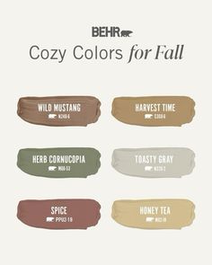 the color palette for behrr's cozy colors for fall is shown in various shades