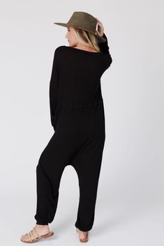 The Perfect Long Sleeve Harem Jumpsuit - Black | Three Bird Nest Fall Season Relaxed Fit Jumpsuits And Rompers For Lounging, Oversized Solid Color Jumpsuits And Rompers For Loungewear, Oversized Solid Color Loungewear Jumpsuits And Rompers, Oversized Solid Color Loungewear Jumpsuit, Solid Color Oversized Jumpsuit For Loungewear, Versatile Relaxed Fit Jumpsuits And Rompers For Loungewear, Black Relaxed Fit Jumpsuits And Rompers For Loungewear, Bohemian Relaxed Fit Jumpsuits And Rompers For Loungewear, Long Sleeve Jumpsuits And Rompers With Thumbholes For Loungewear